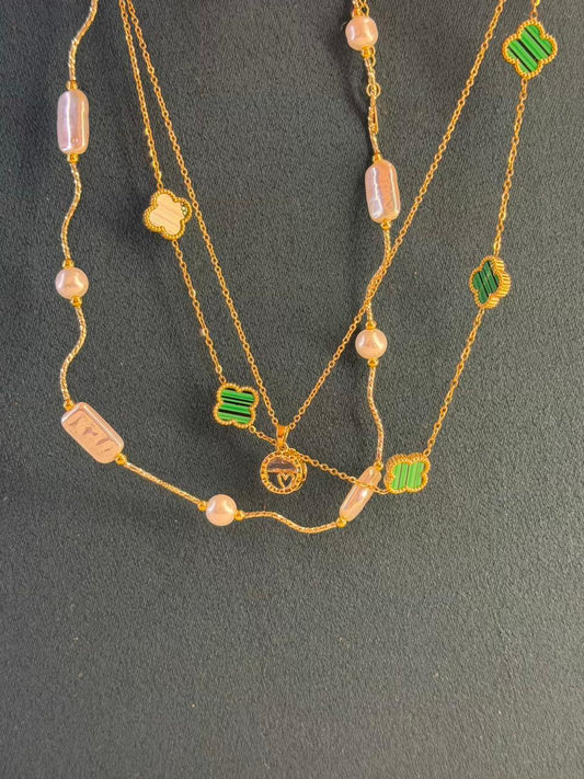 Pink Bead & Green Clover Layer Gold Plated Necklace
