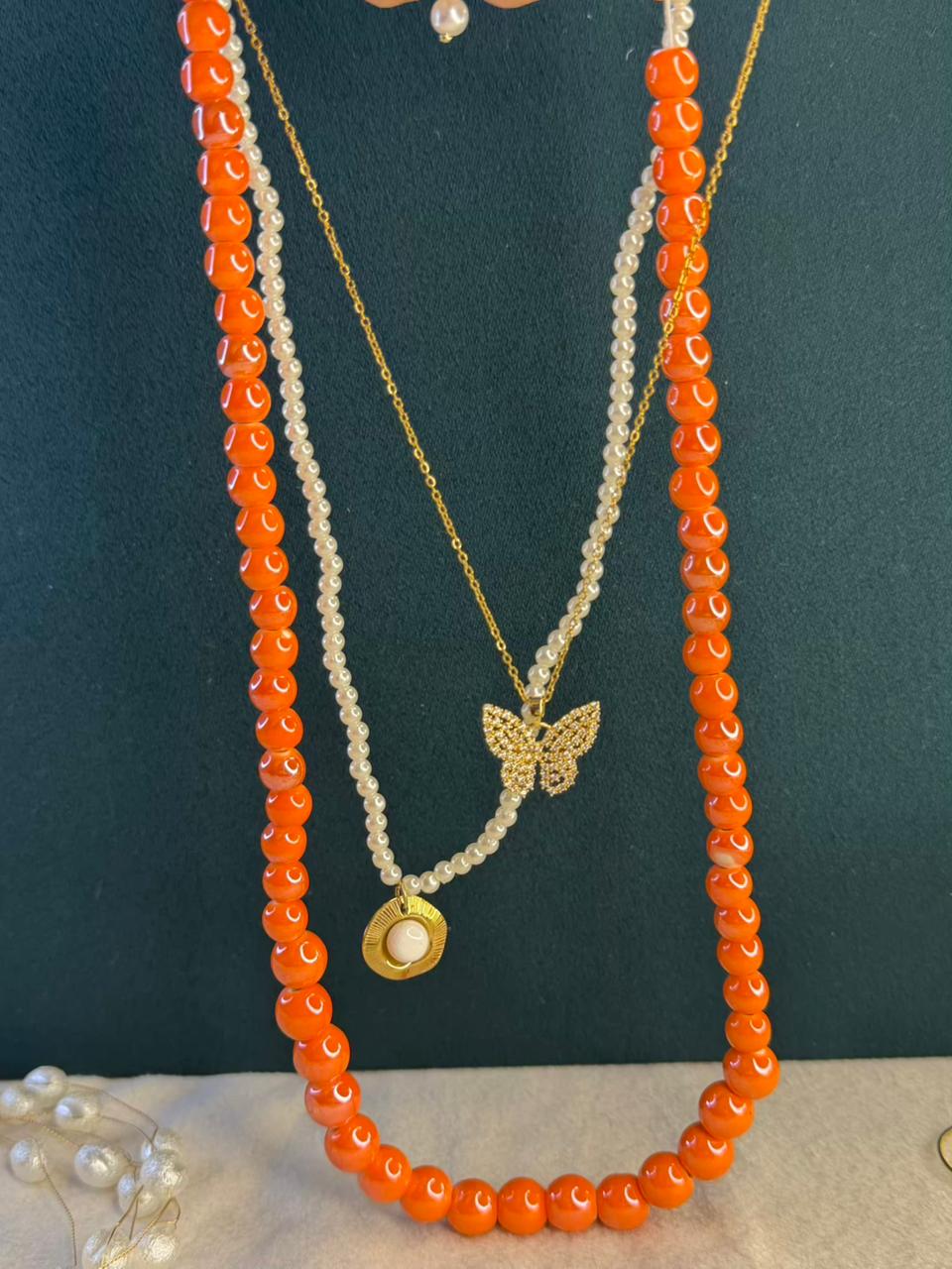 Ivory Pearl & Orange Bead Butterfly Coin Gold Plated Necklace