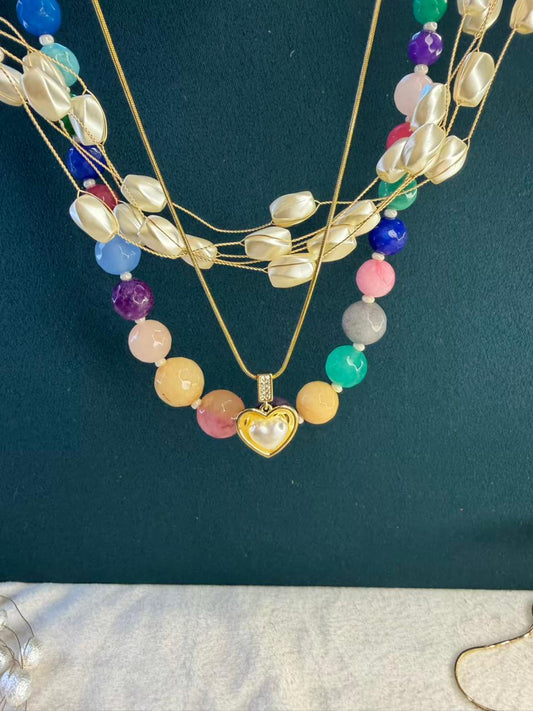 Ivory Pearl Layer with Multicolor Beads and Heart Charm Gold Plated Necklace