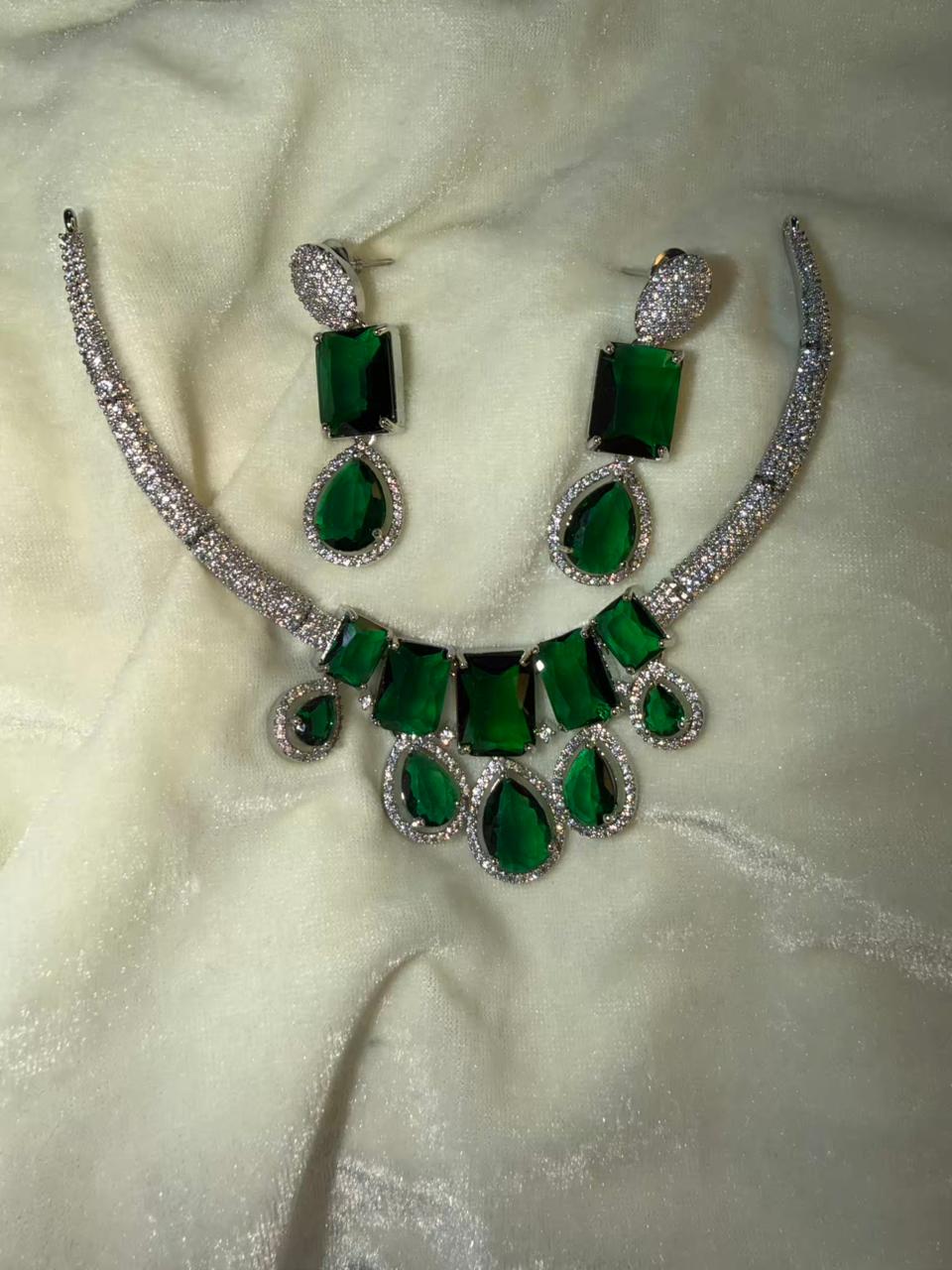 Rectangular and Teardrop Design Rhodium-Plated Necklace Set with Emerald Green Stones