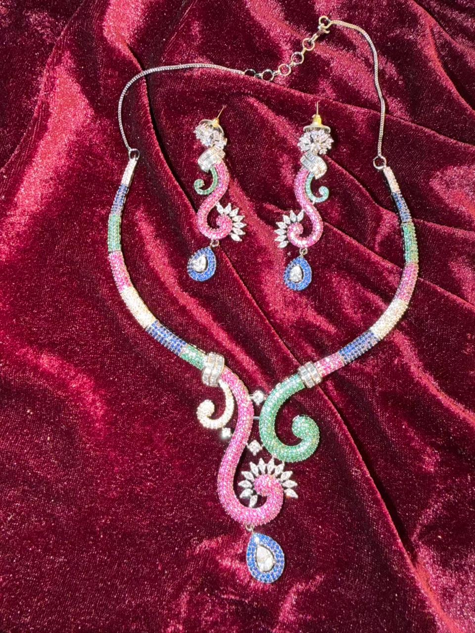 Curved Paisley Design Rhodium-Plated Necklace Set with Multicolor Stones