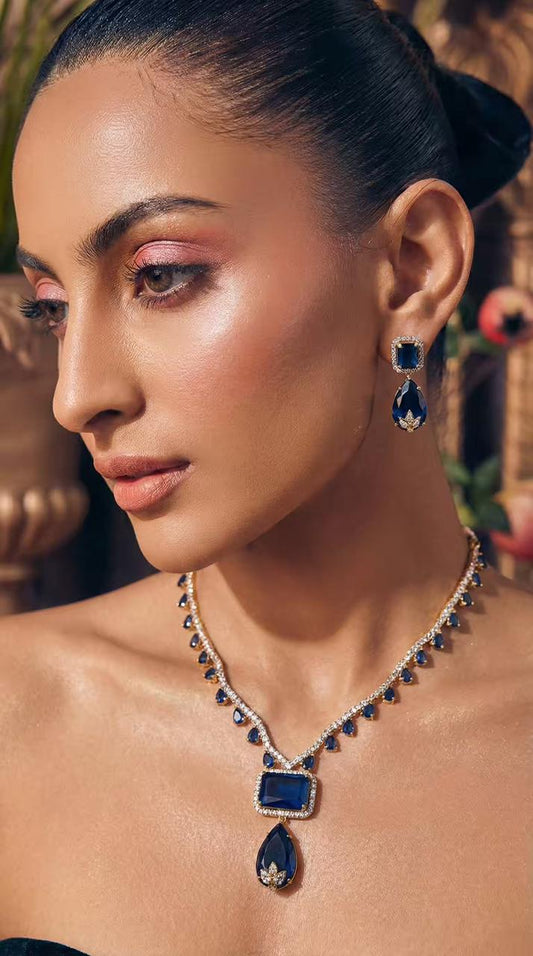 Square and Teardrop Design Gold-Plated Necklace Set with Navy Blue Stones