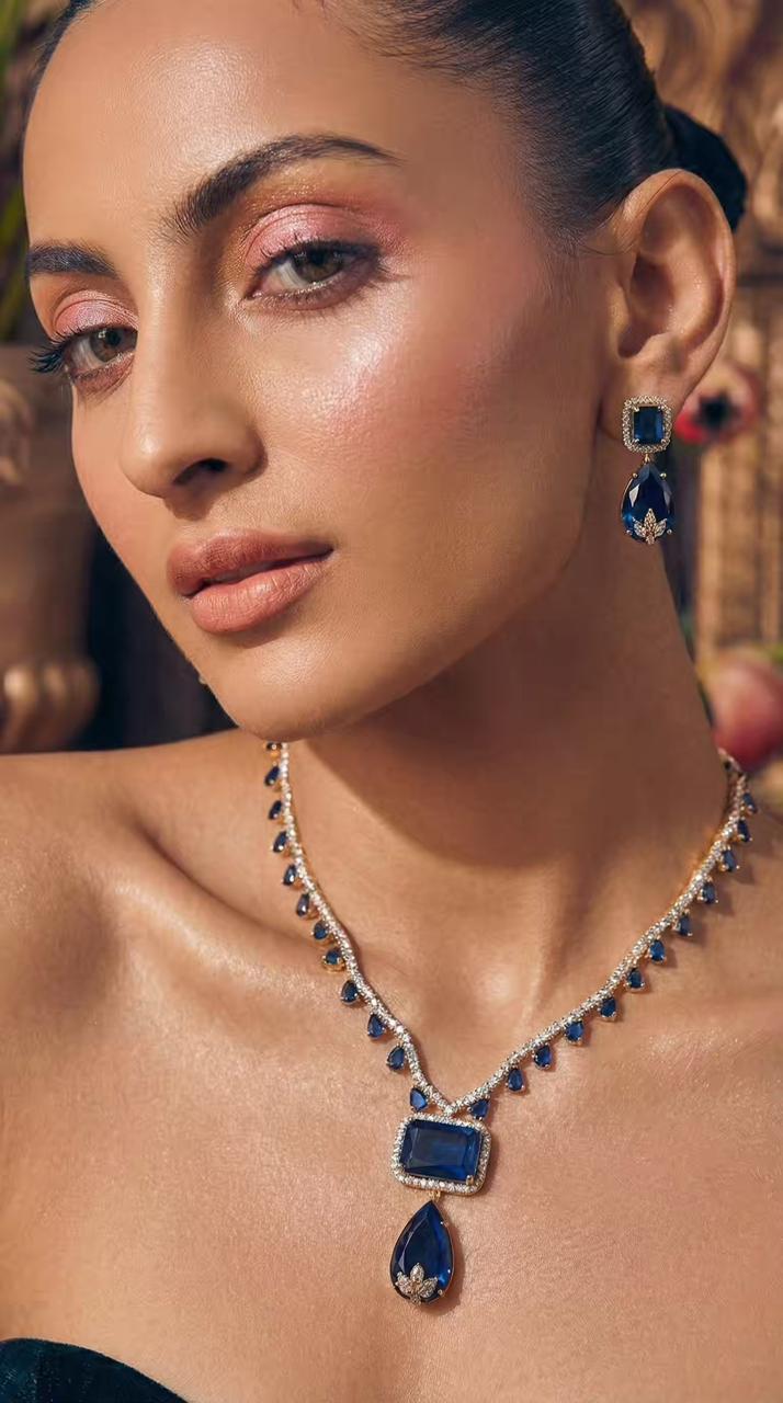 Square and Teardrop Design Gold-Plated Necklace Set with Navy Blue Stones