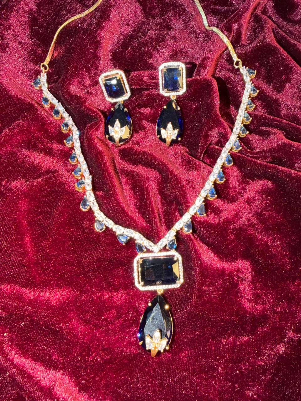 Square and Teardrop Design Gold-Plated Necklace Set with Navy Blue Stones