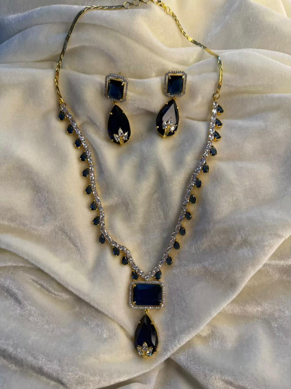 Square and Teardrop Design Gold-Plated Necklace Set with Navy Blue Stones