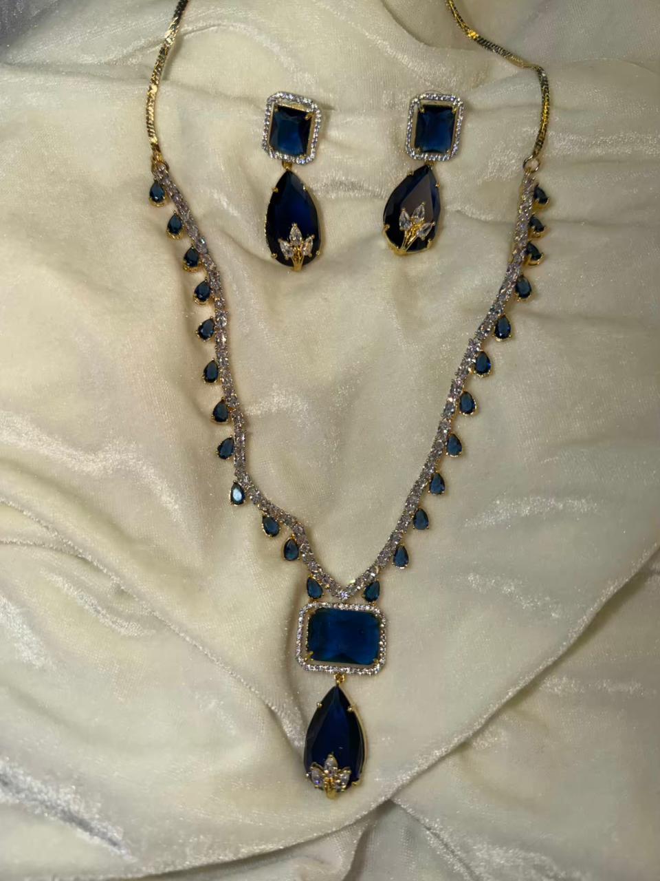 Square and Teardrop Design Gold-Plated Necklace Set with Navy Blue Stones