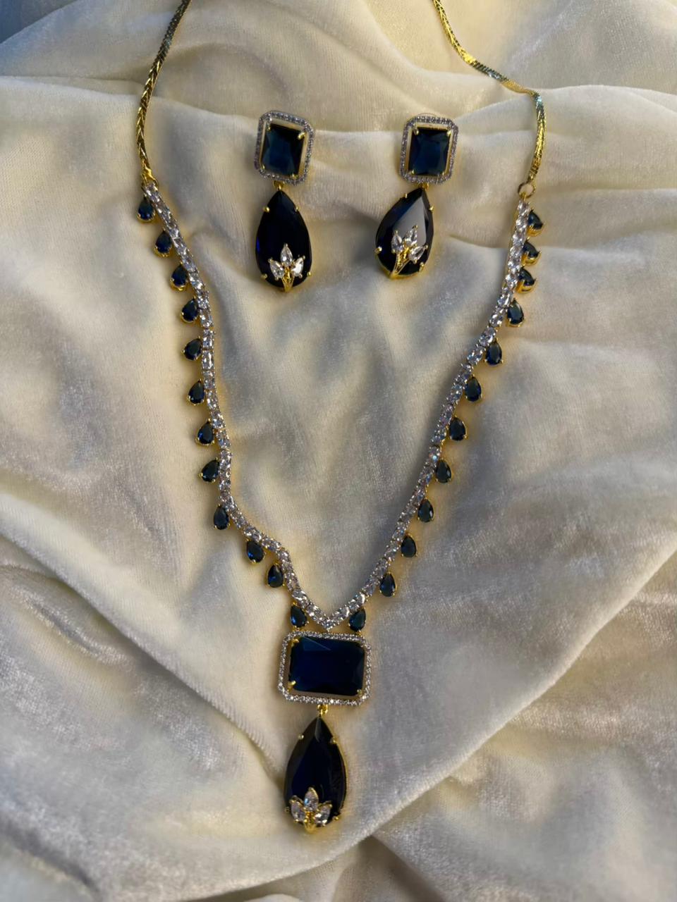 Square and Teardrop Design Gold-Plated Necklace Set with Navy Blue Stones