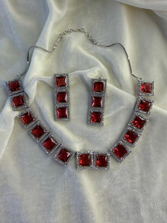 Princess-Cut Ruby Red Crystal Halo Statement Necklace Set