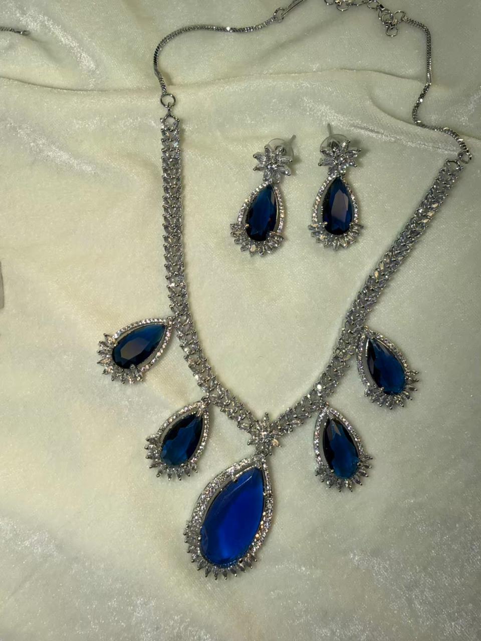 Royal Blue Teardrop Crystal Statement Necklace Set