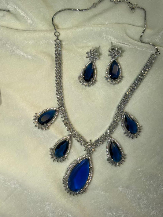 Royal Blue Teardrop Crystal Statement Necklace Set