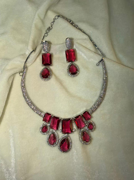 Royal Ruby Crystal Drop Statement Necklace Set