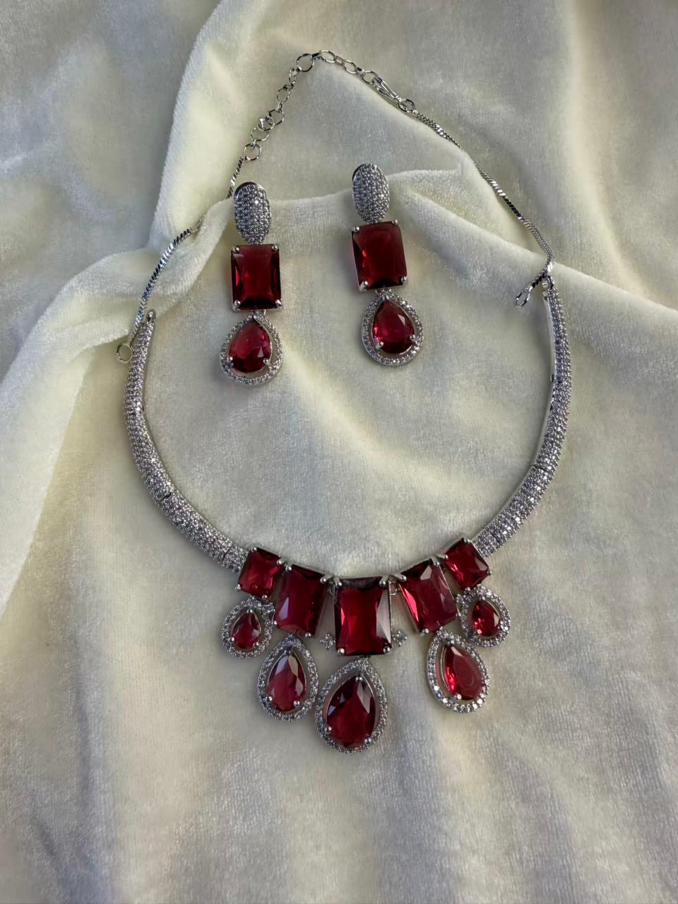 Royal Ruby Crystal Drop Statement Necklace Set