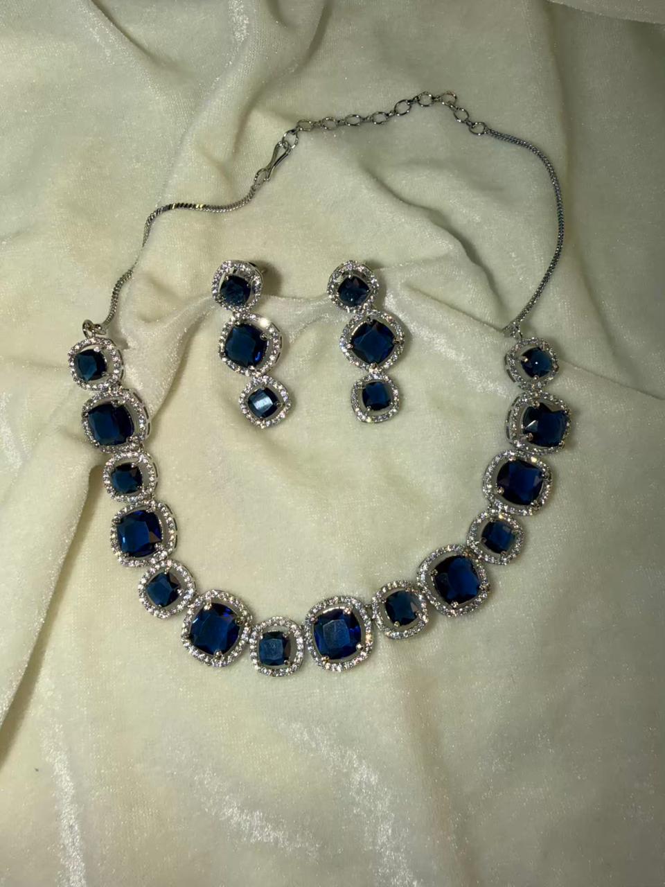 Royal Blue Cushion Halo Statement Necklace Set