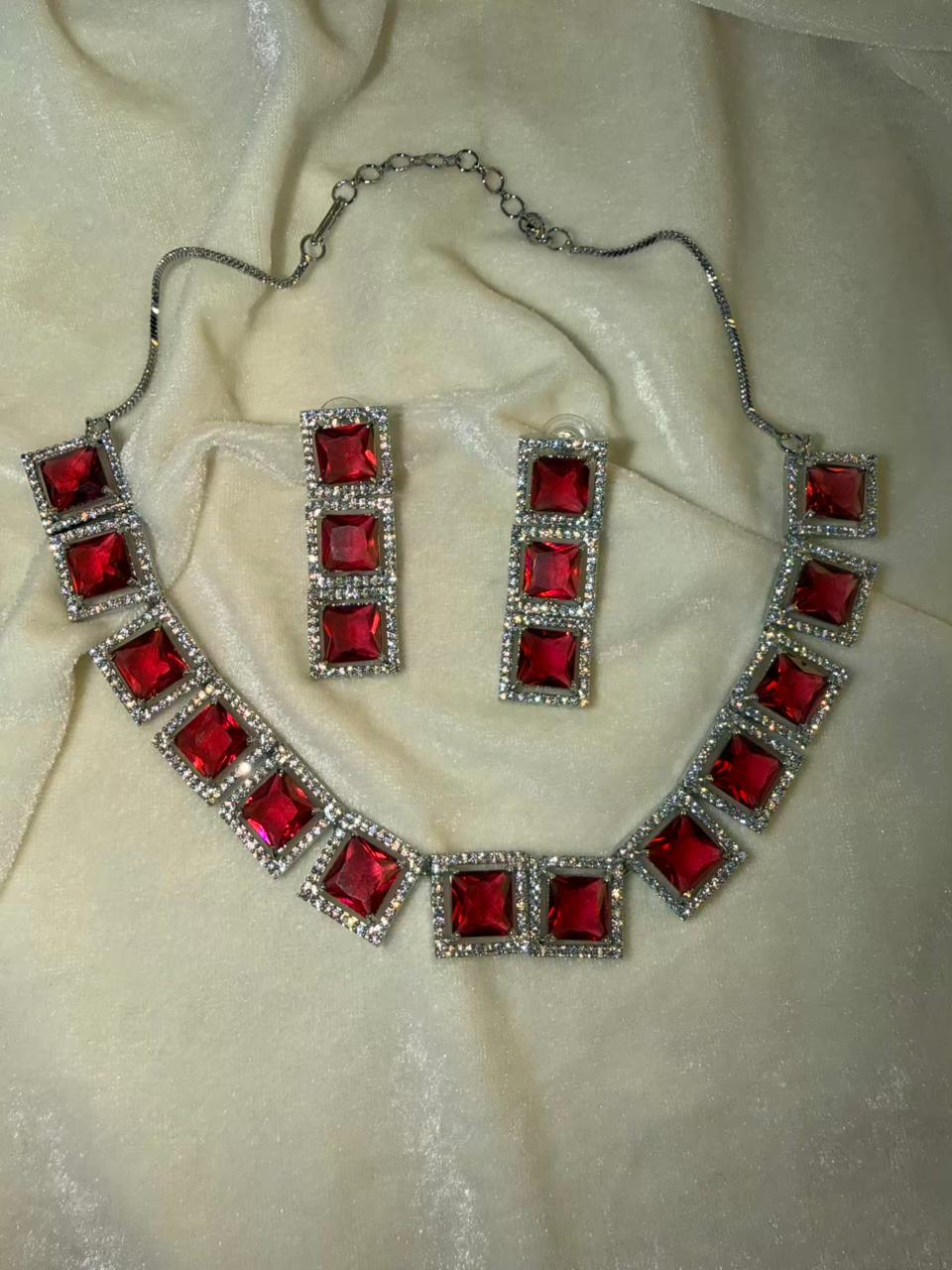 Princess-Cut Ruby Red Crystal Halo Statement Necklace Set