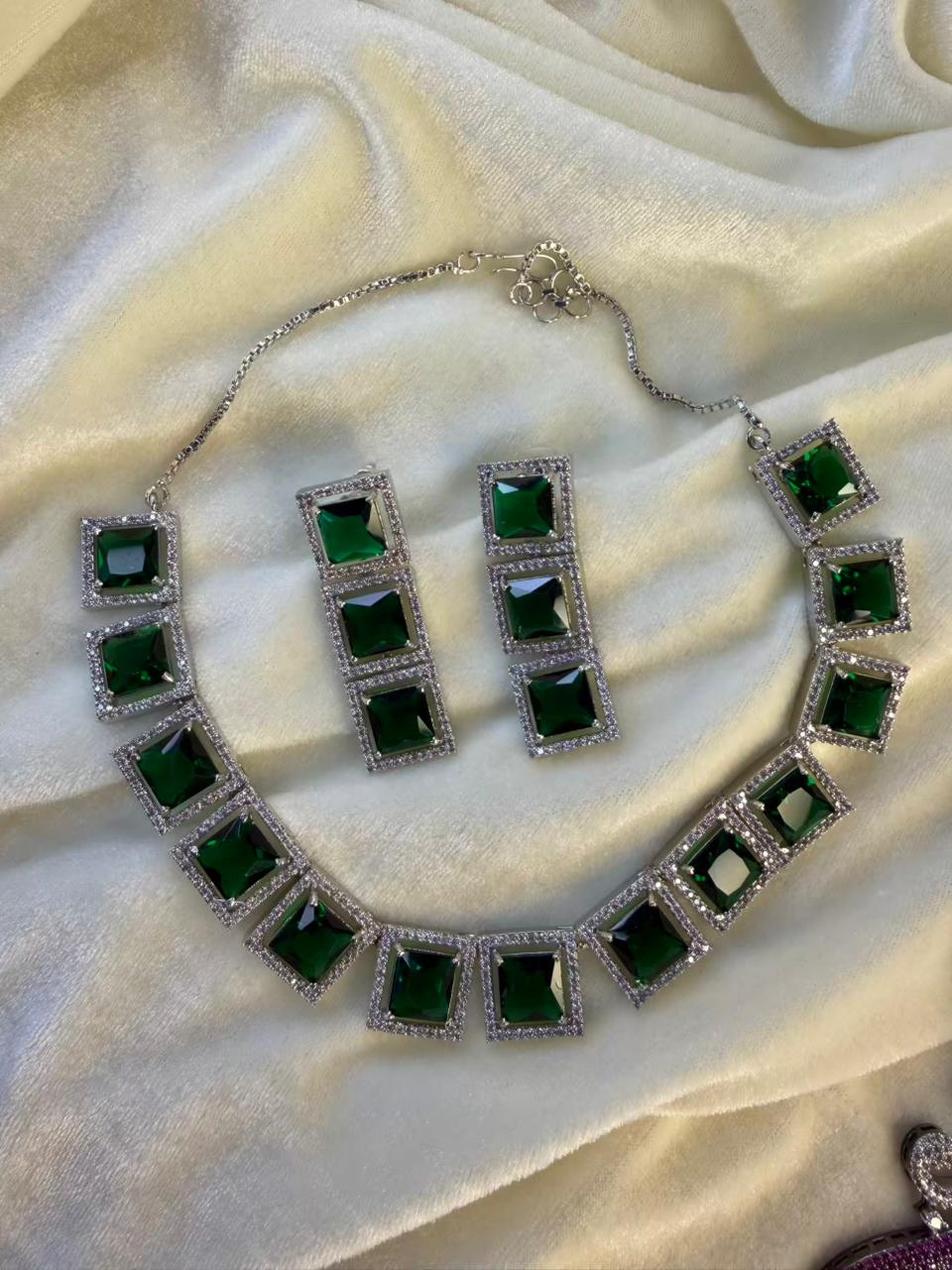 Square Halo Design Rhodium-Plated Necklace Set with Emerald Green Stones