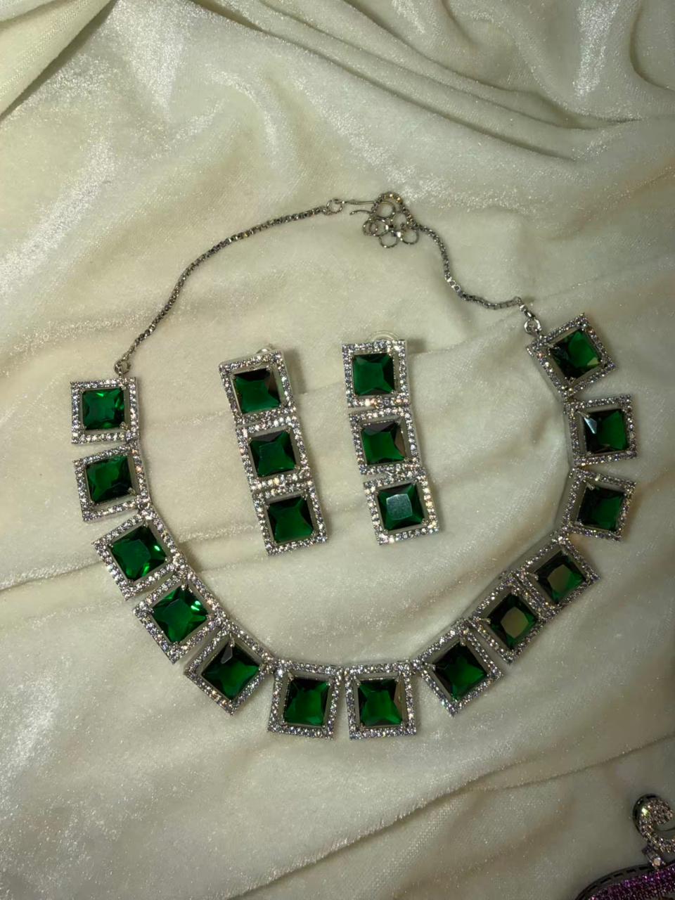Square Halo Design Rhodium-Plated Necklace Set with Emerald Green Stones