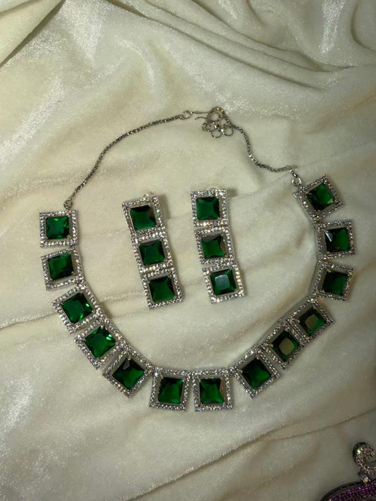 Square Halo Design Rhodium-Plated Necklace Set with Emerald Green Stones