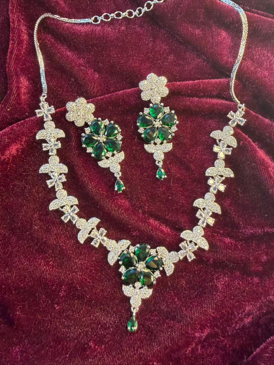 Floral Cluster Design Rhodium-Plated Necklace Set with Emerald Green Stones