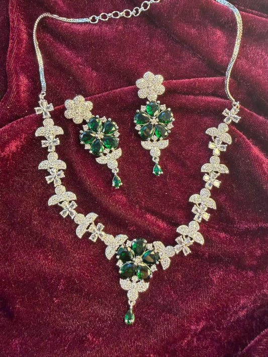 Floral Cluster Design Rhodium-Plated Necklace Set with Emerald Green Stones