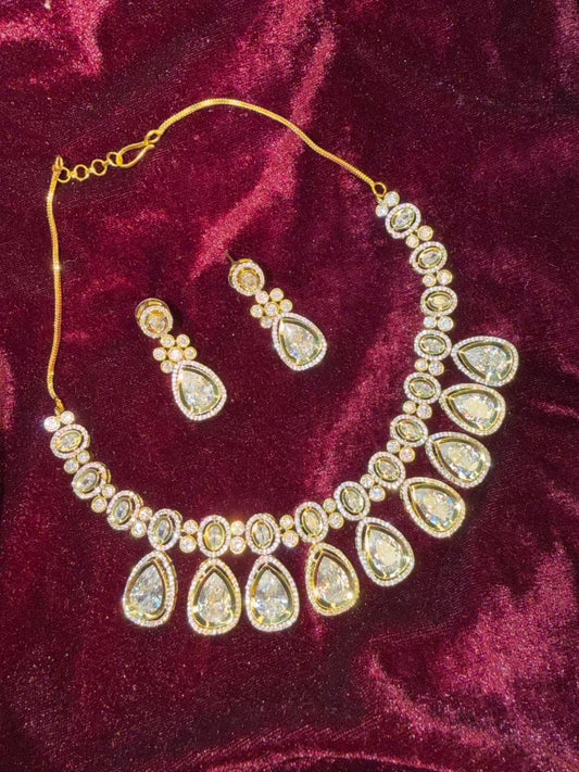 Oval and Teardrop Design Gold-Plated Necklace Set with Clear Stones