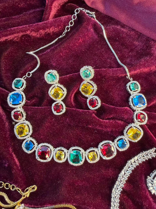 Square Halo Design Rhodium-Plated Necklace Set with Multicolor Stones