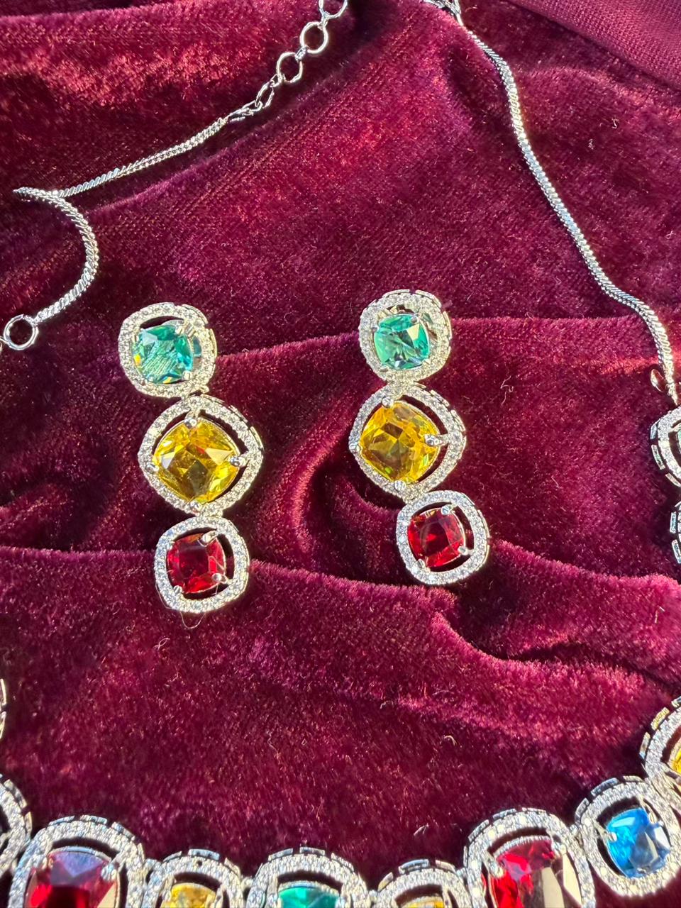Square Halo Design Rhodium-Plated Necklace Set with Multicolor Stones