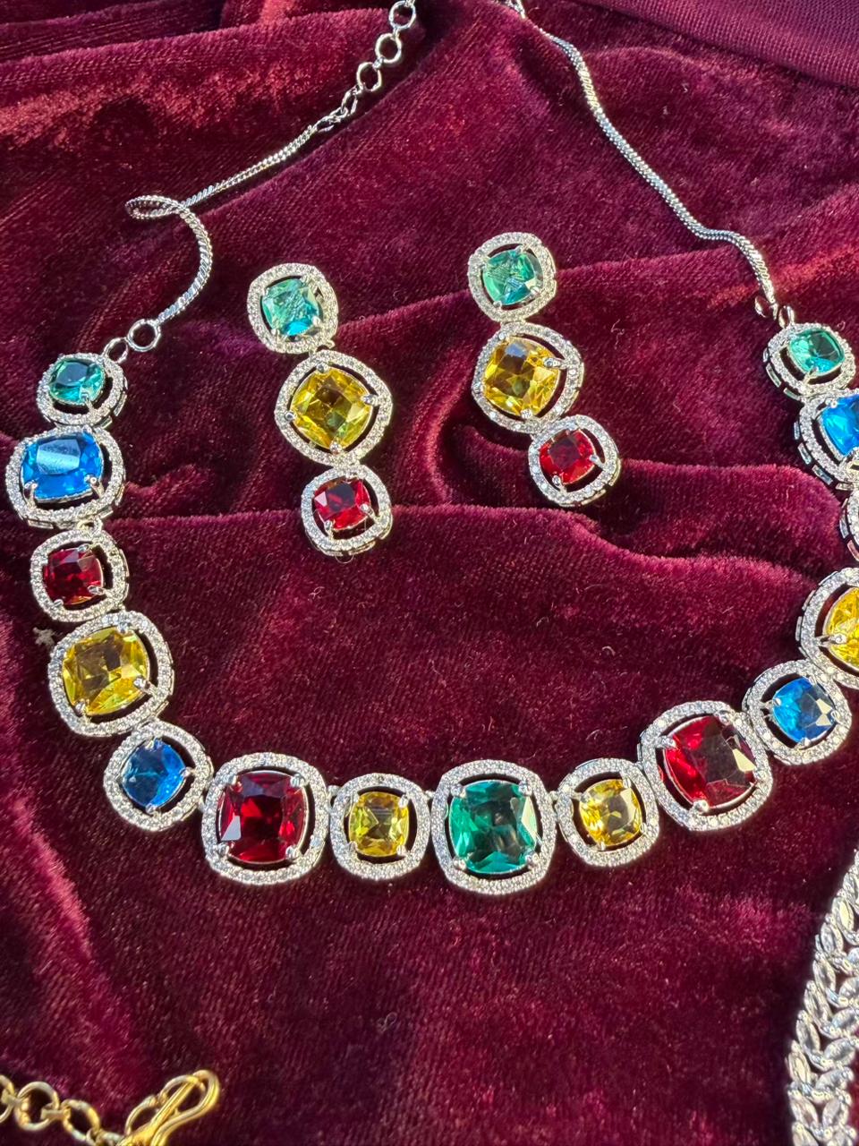 Square Halo Design Rhodium-Plated Necklace Set with Multicolor Stones