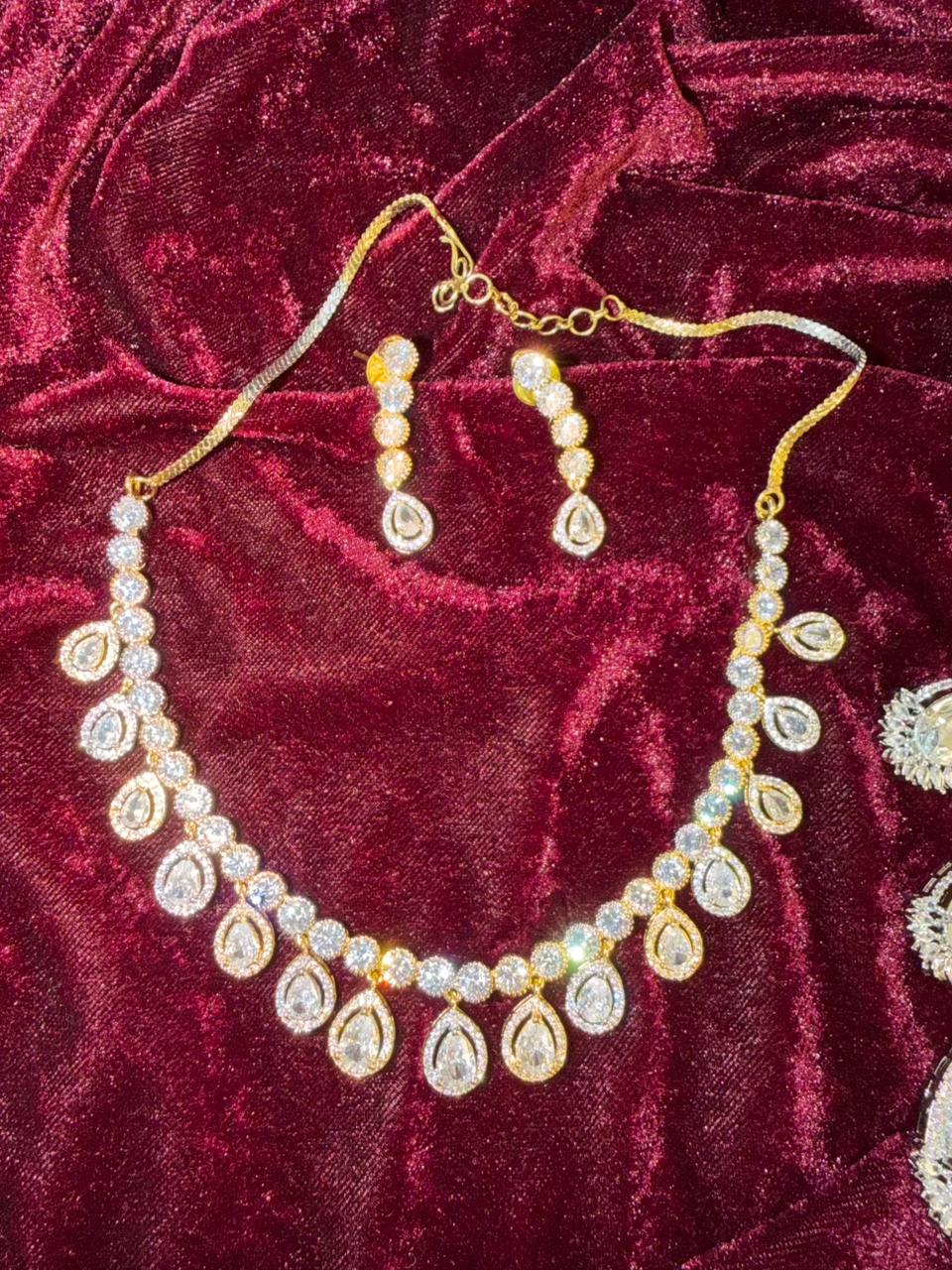 Round and Teardrop Design Gold-Plated Necklace Set with Clear Stones