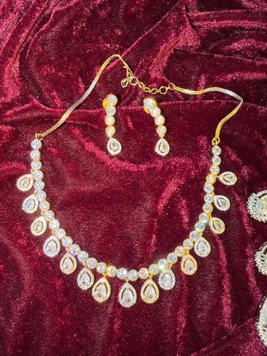 Round and Teardrop Design Gold-Plated Necklace Set with Clear Stones