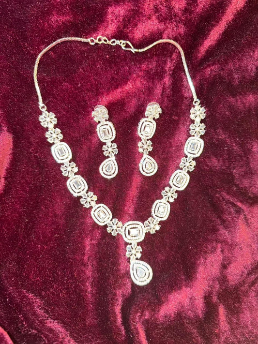 Geometric Floral Design Rhodium-Plated Necklace Set with Clear Stones