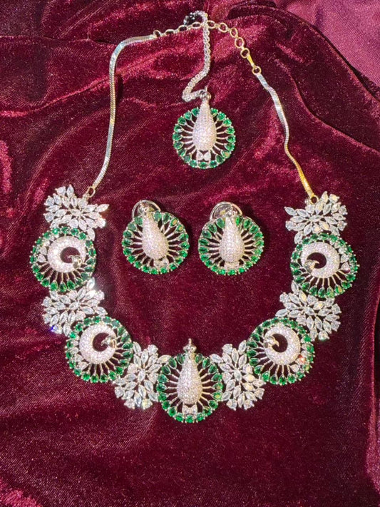 Peacock Motif Design Rhodium-Plated Necklace Set with Emerald Green Stones