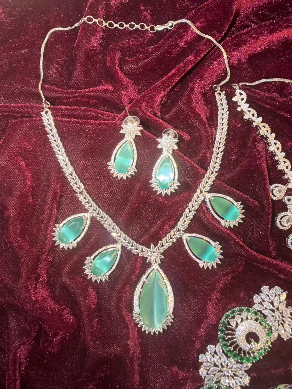 Pear-Cut Motif Rhodium-Plated Necklace Set in Sea Green