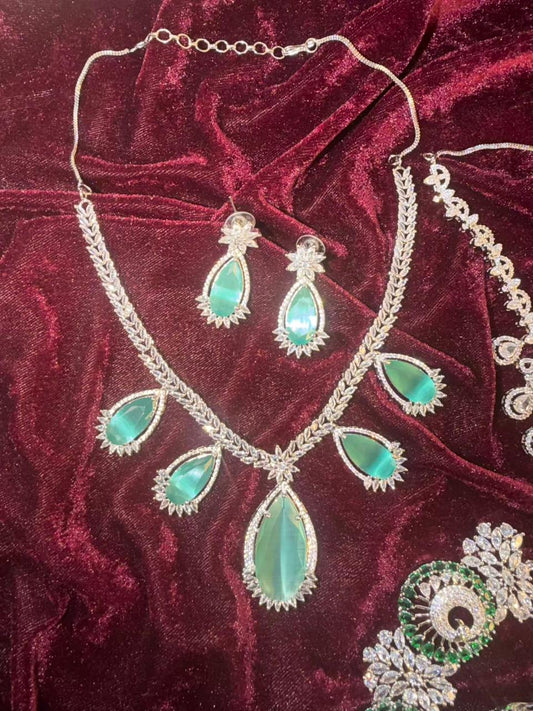 Pear-Cut Motif Rhodium-Plated Necklace Set in Sea Green