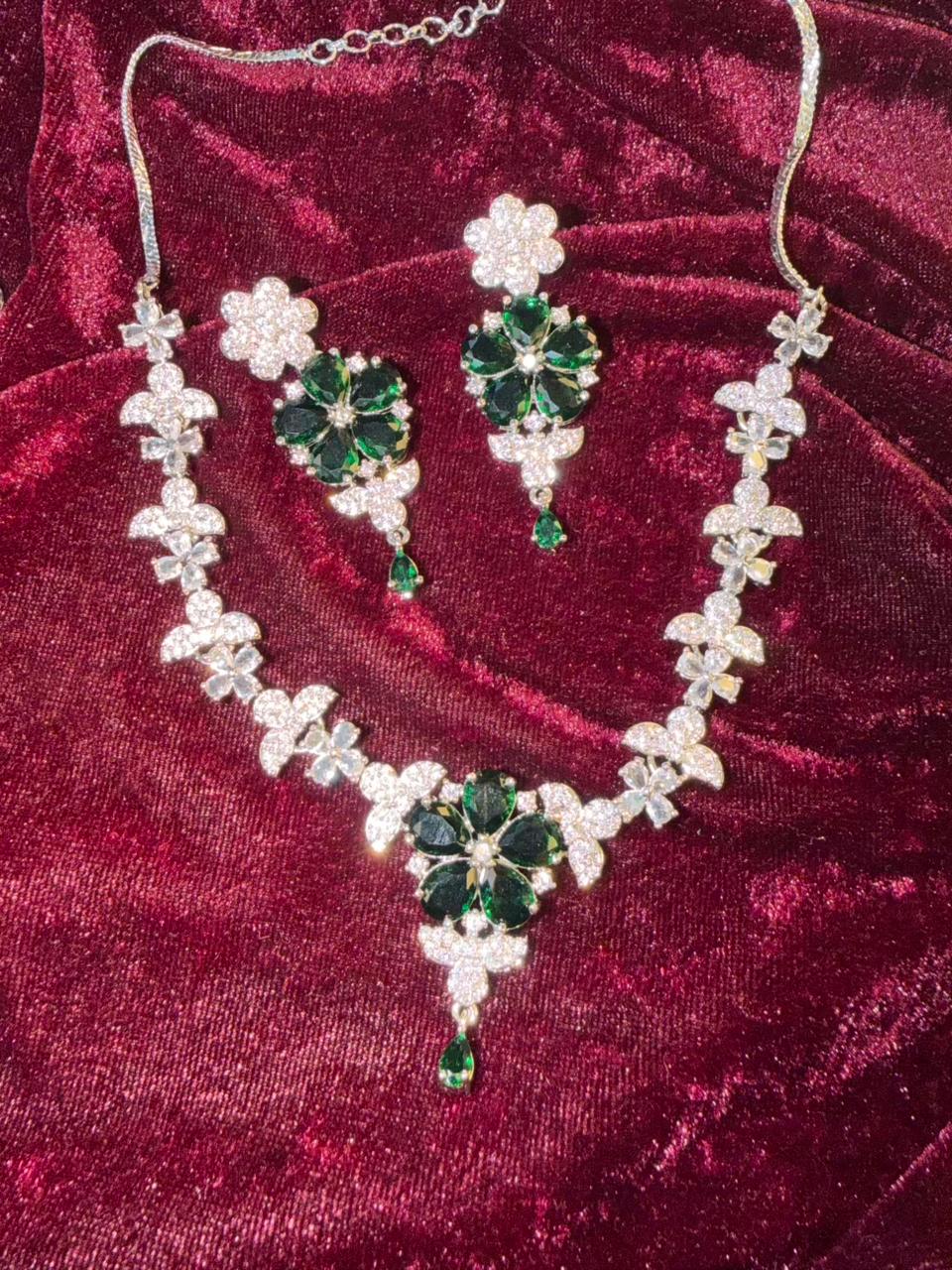 Floral Cluster Design Rhodium-Plated Necklace Set with Emerald Green Stones