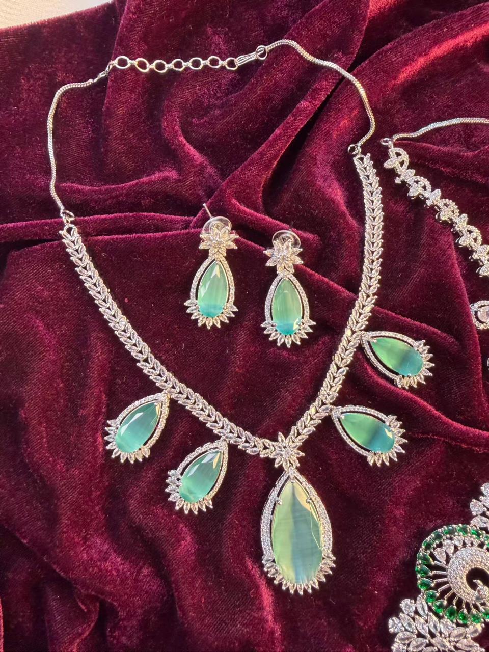 Pear-Cut Motif Rhodium-Plated Necklace Set in Sea Green