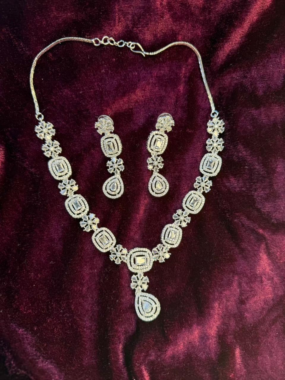 Geometric Floral Design Rhodium-Plated Necklace Set with Clear Stones