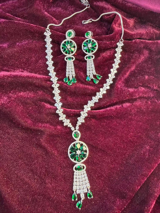 Floral Drop Pattern Rhodium-Plated Necklace Set with Green Crystal Accents