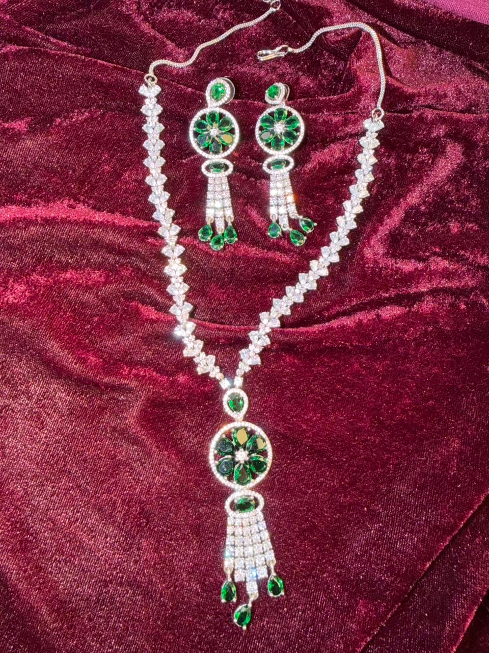 Floral Drop Pattern Rhodium-Plated Necklace Set with Green Crystal Accents