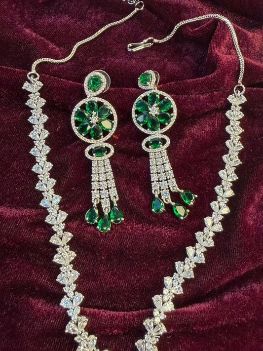 Floral Drop Pattern Rhodium-Plated Necklace Set with Green Crystal Accents