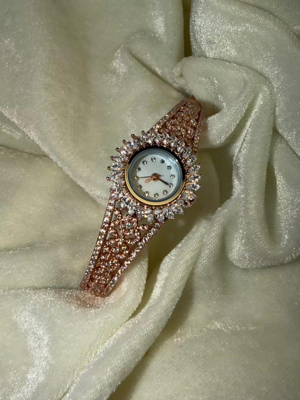Rose Gold Floral Crystal Embellished Elegant Wristwatch Size Upto 2.8