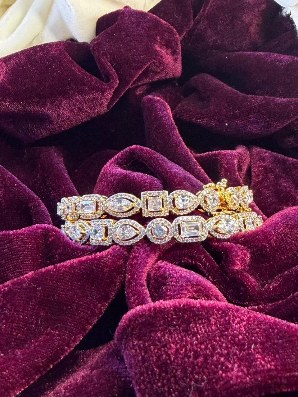Oval And Emerald Cut Gold Plated Diamond Designer Bangles Openable Upto Size 2.8