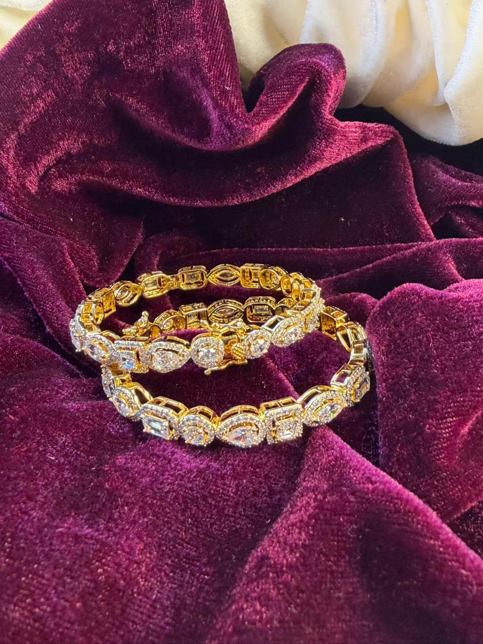 Oval And Emerald Cut Gold Plated Diamond Designer Bangles Openable Upto Size 2.8