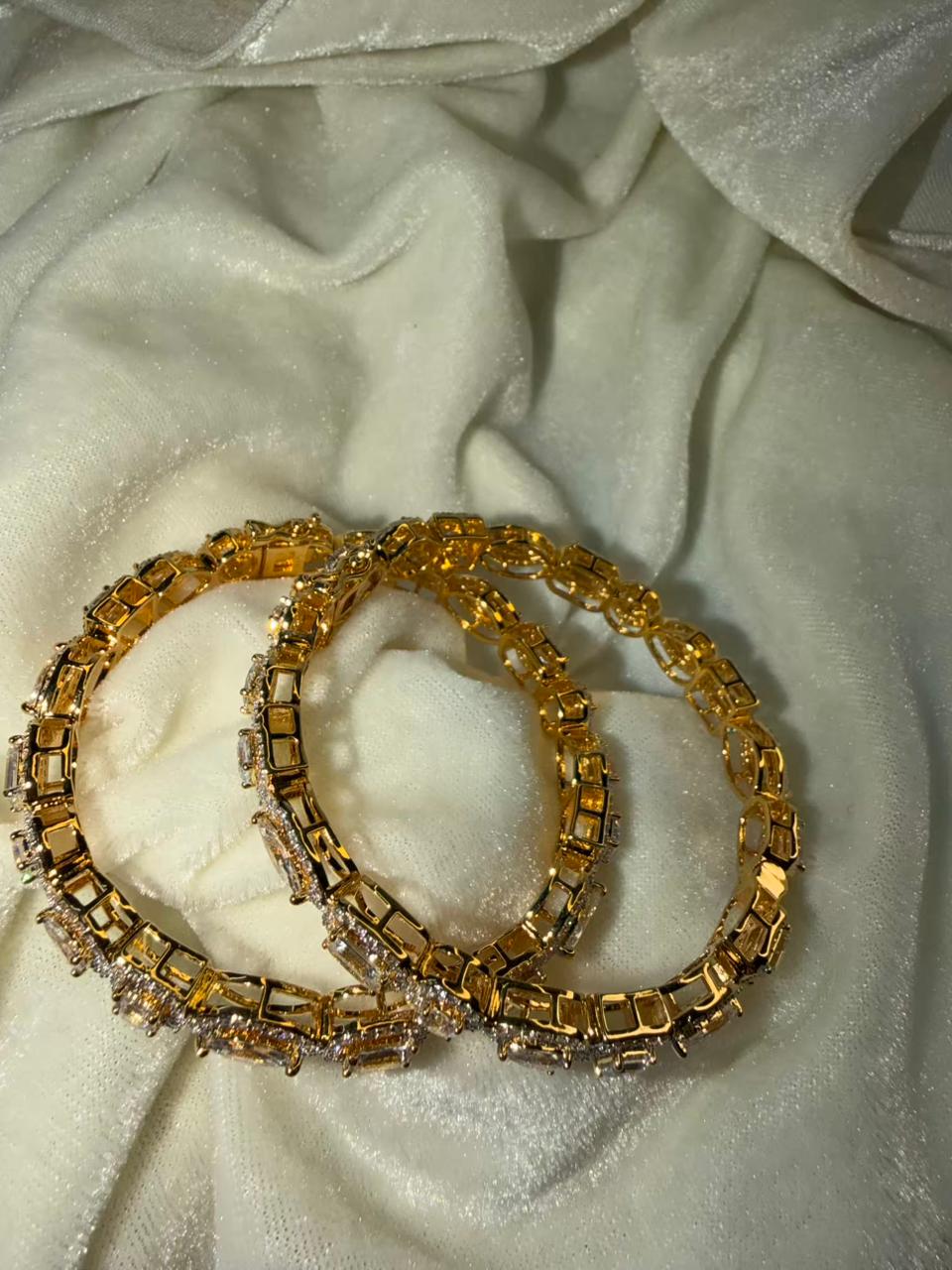 Oval And Emerald Cut Gold Plated Diamond Designer Bangles Openable Upto Size 2.8