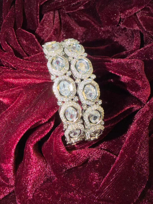 Octagon Shaped Silver Plated Crystal Designer Kada Bangles Size 2.8