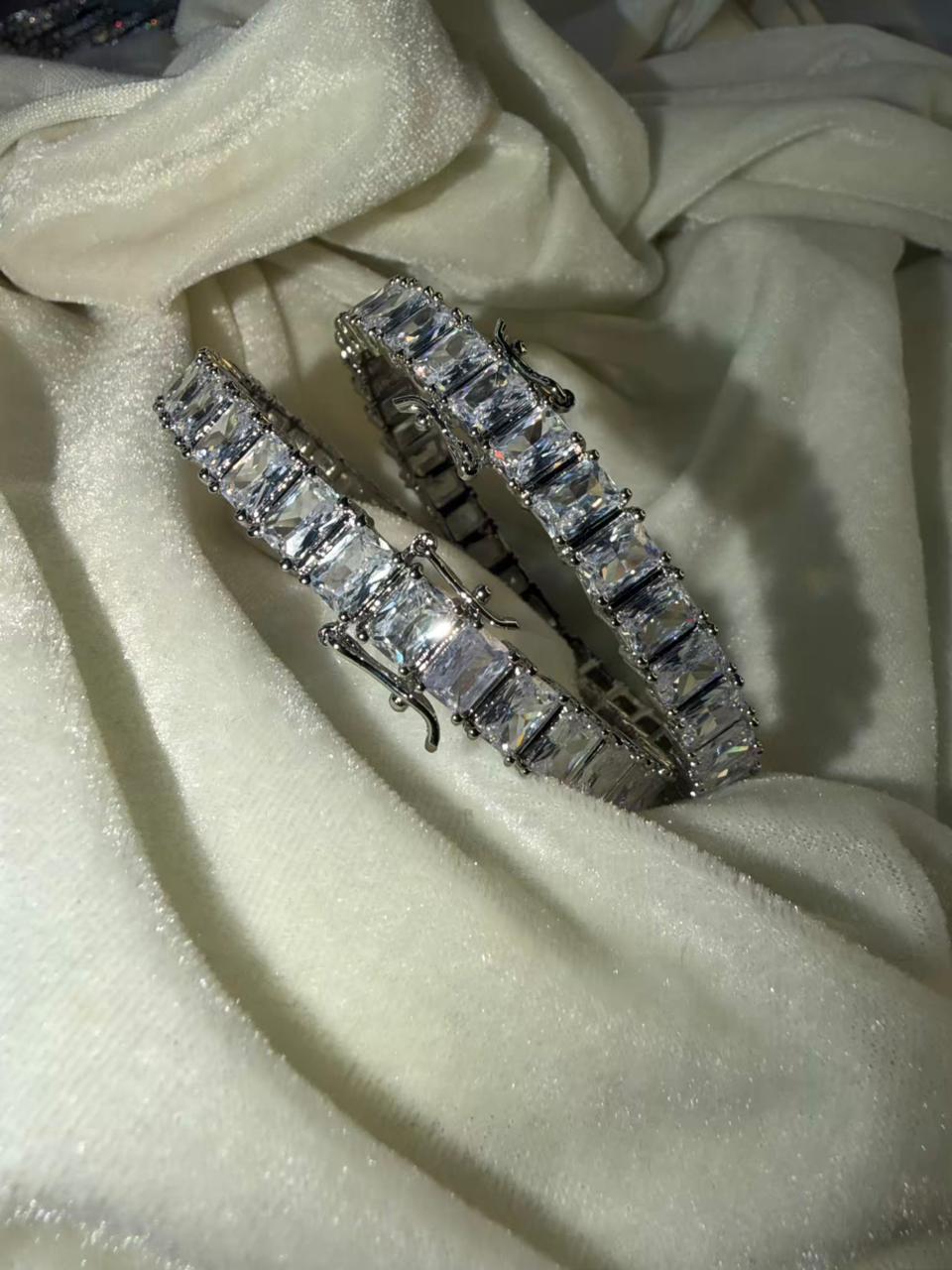 Emerald Cut Crystal Silver Plated Designer Kada Bangles Openable Upto Size 2.8