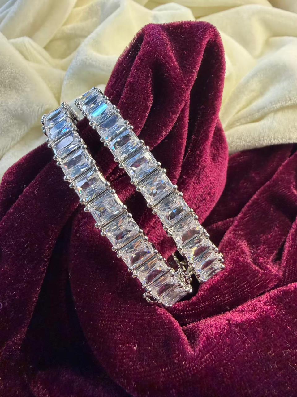 Emerald Cut Crystal Silver Plated Designer Kada Bangles Openable Upto Size 2.8