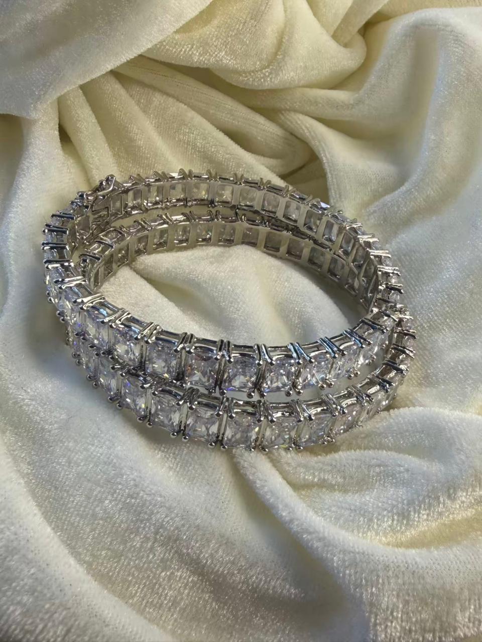 Emerald Cut Crystal Silver Plated Designer Kada Bangles Openable Upto Size 2.8