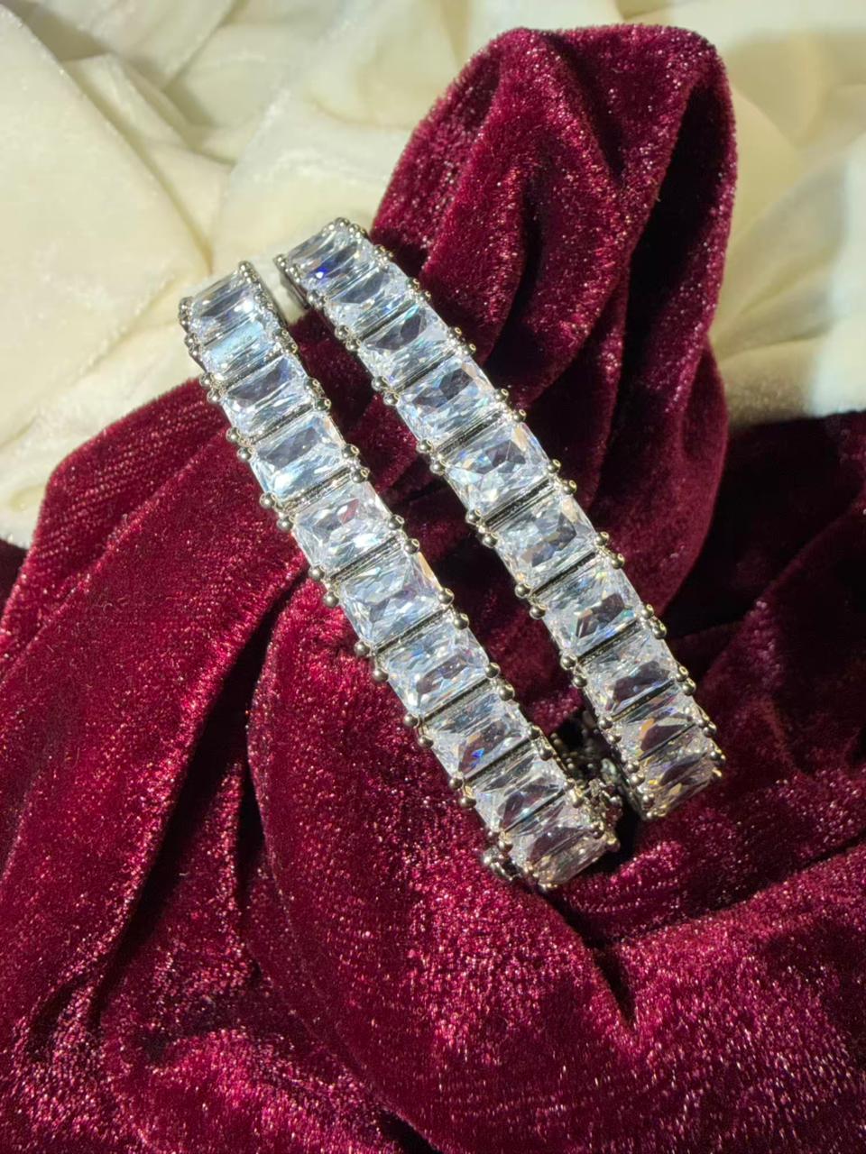 Emerald Cut Crystal Silver Plated Designer Kada Bangles Openable Upto Size 2.8