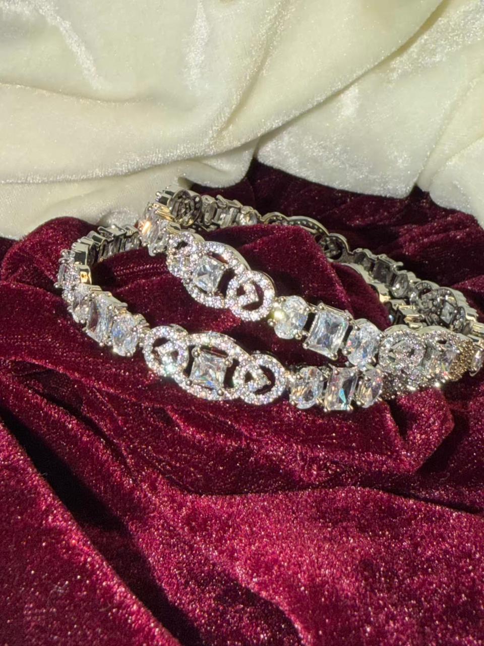 Mixed Cut Crystal Silver Plated Designer Kada Bangles Size 2.8