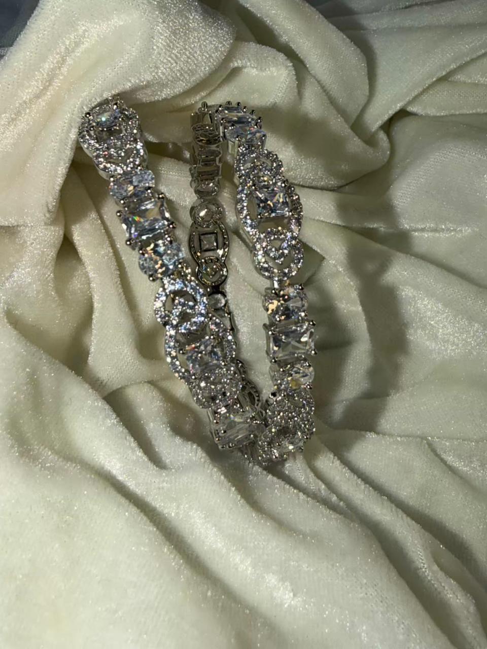 Mixed Cut Crystal Silver Plated Designer Kada Bangles Size 2.8